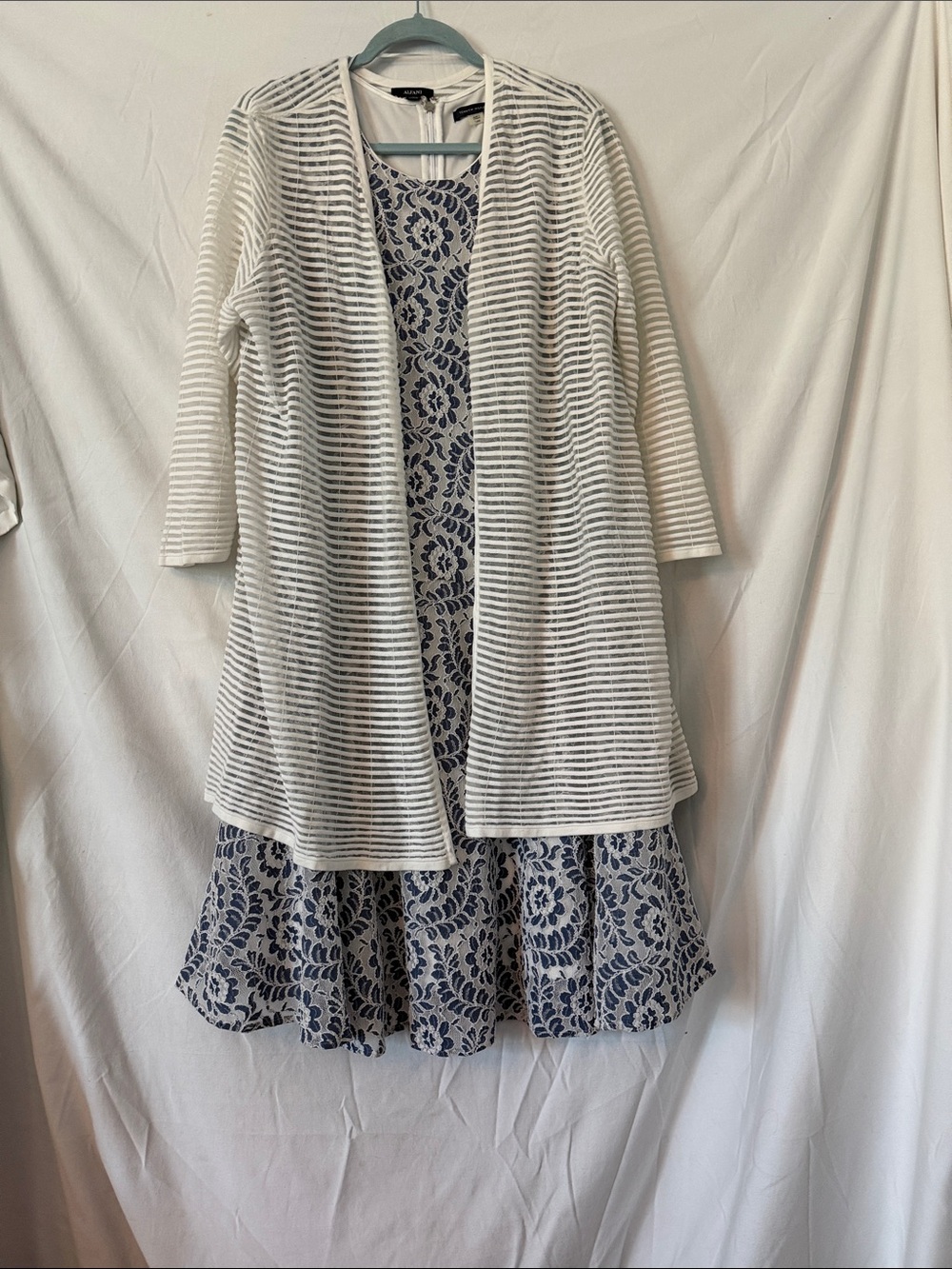 Tommy Hilfiger Blue and White Lace-Pattern Dress with White Element Topper